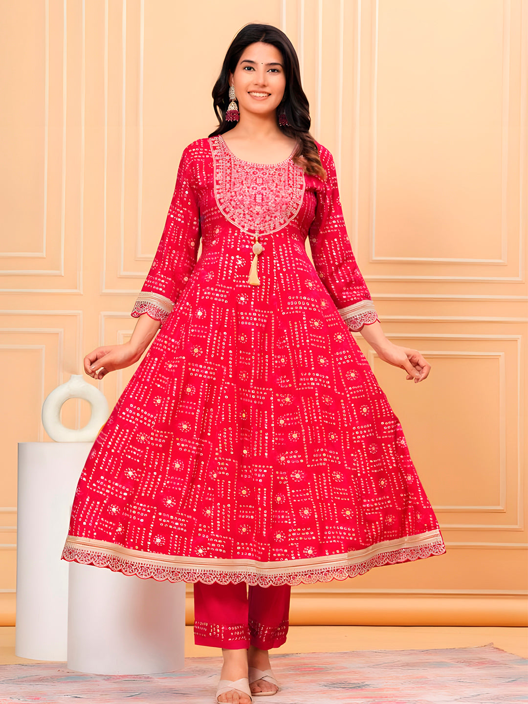 Embroidered & Bandhani Printed Kurta With Pant & Dupatta, Pink - Hiral Fashion