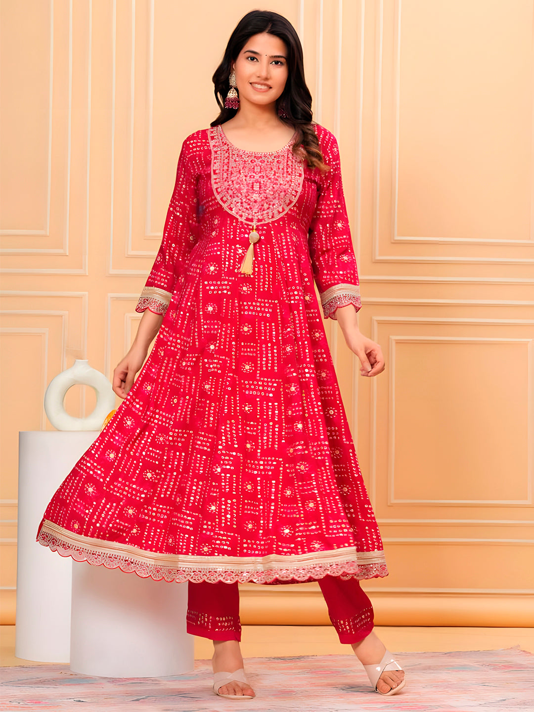 Embroidered & Bandhani Printed Kurta With Pant & Dupatta, Pink - Hiral Fashion