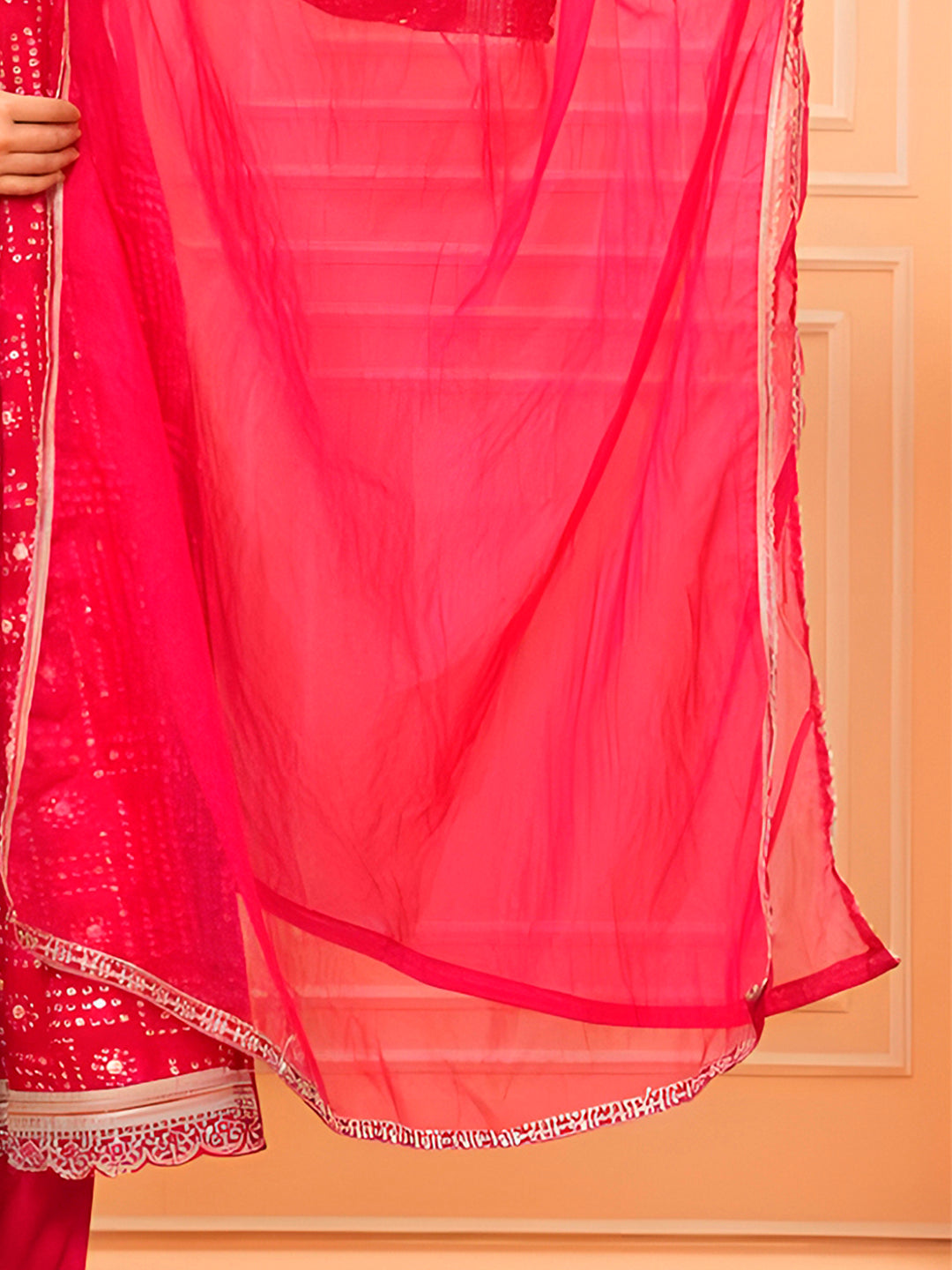 Embroidered & Bandhani Printed Kurta With Pant & Dupatta, Pink - Hiral Fashion