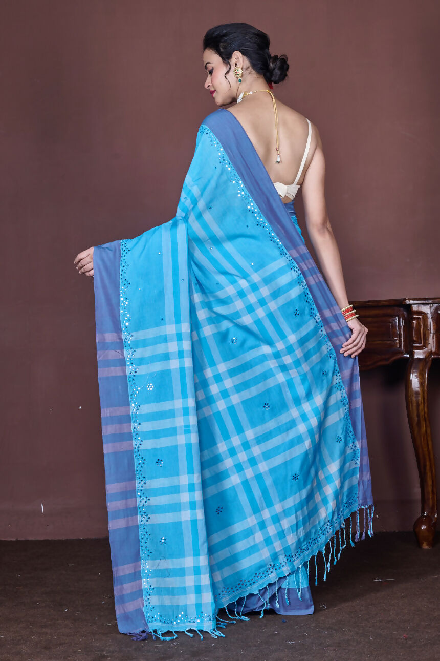 Morchari Blue Cotton Handloom Mirror Work Saree Unstitched Blouse