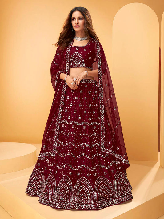 Myra Maroon Heavy Embroidered net Designer Lehenga