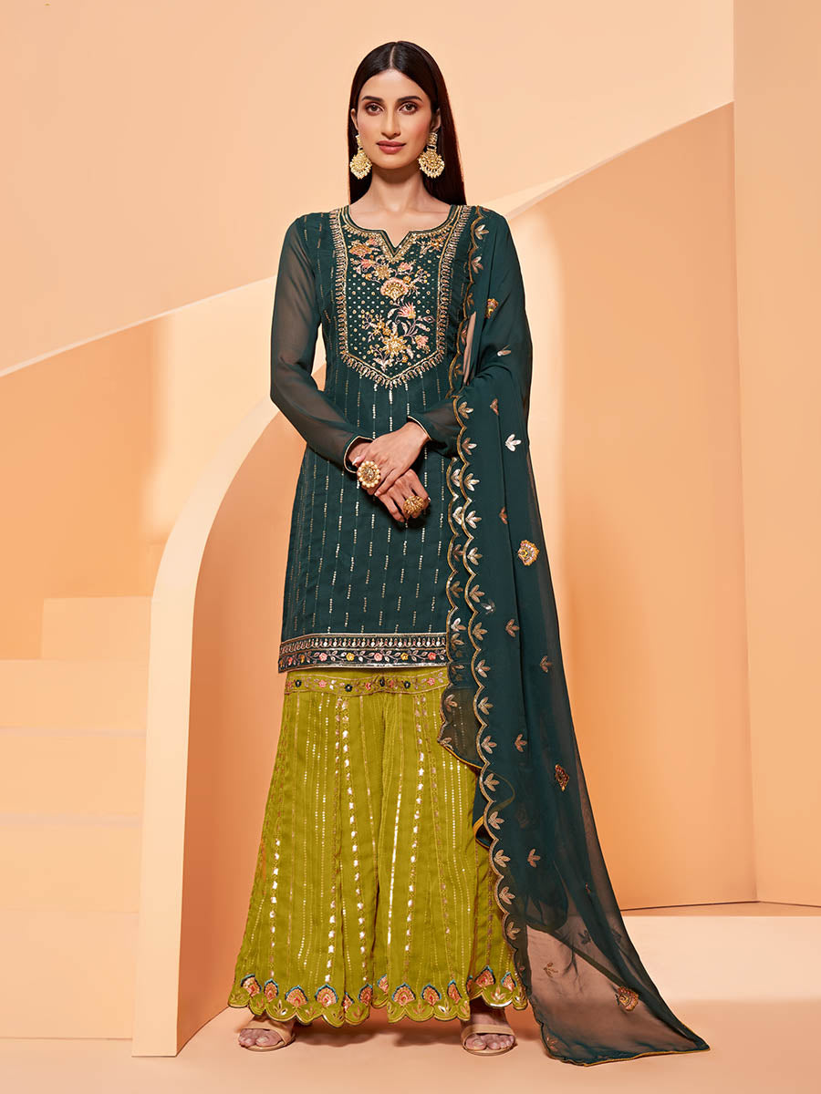 Myra Dark Green Heavy Embroidered Sharara Suit 