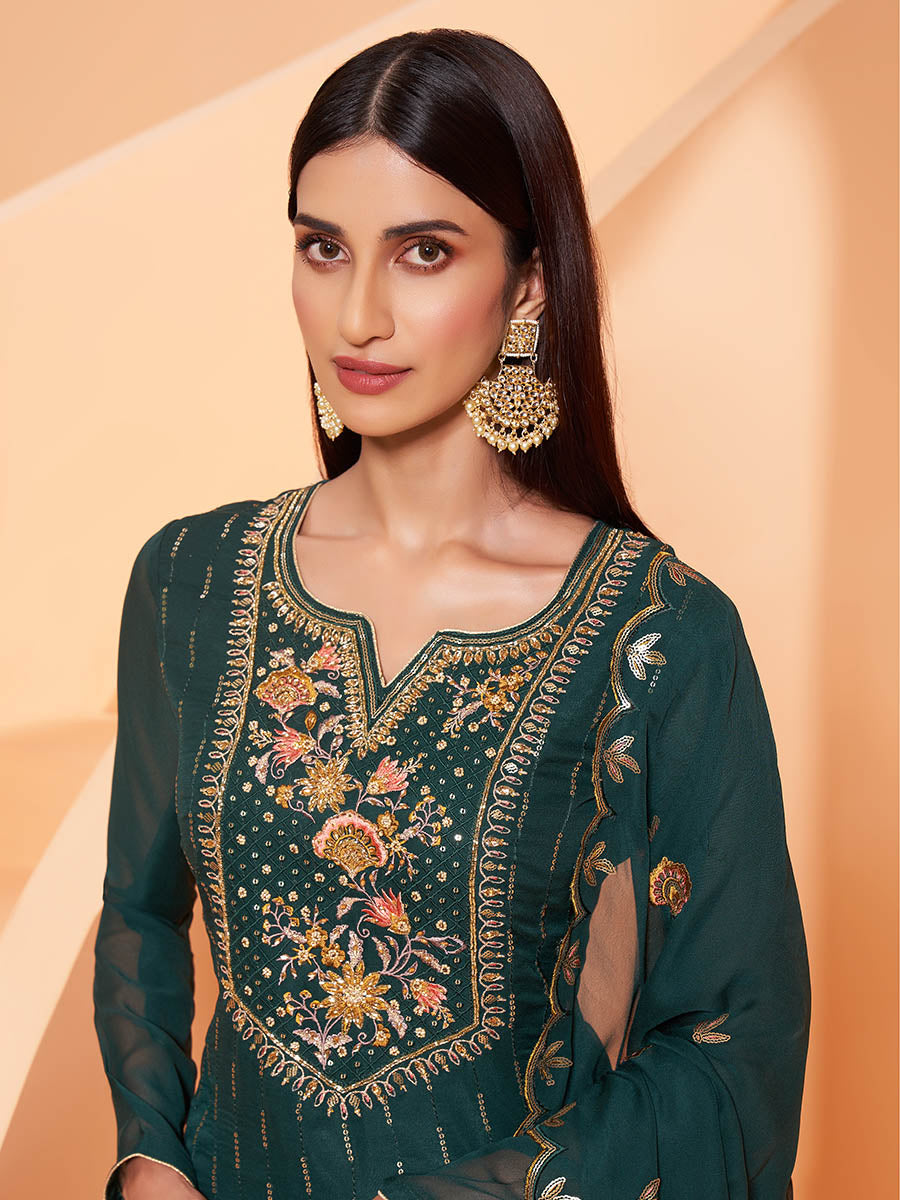 Myra Dark Green Heavy Embroidered Sharara Suit 