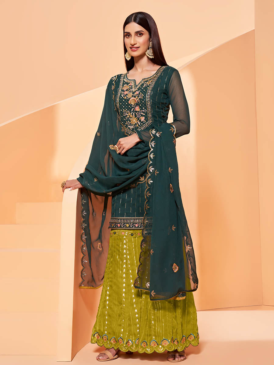 Myra Dark Green Heavy Embroidered Sharara Suit 