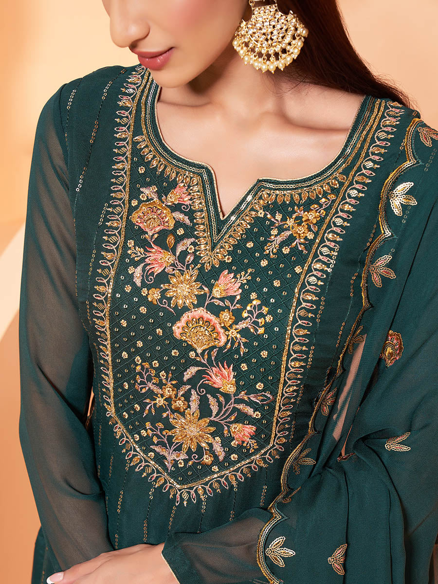 Myra Dark Green Heavy Embroidered Sharara Suit 