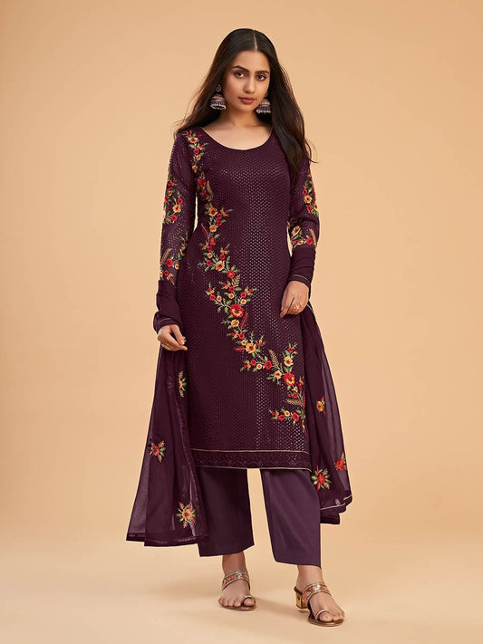 Myra Wine Georgette Embroidered Pant Style Suit