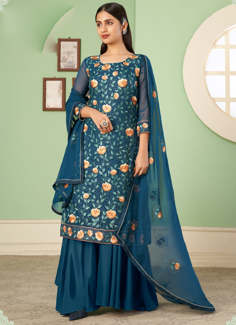 Vegaa Fashion Aqua Blue Georgette Embroidery Designer Sharara Suit  Grab2Buy Vegaa Fashion Grab2Buy