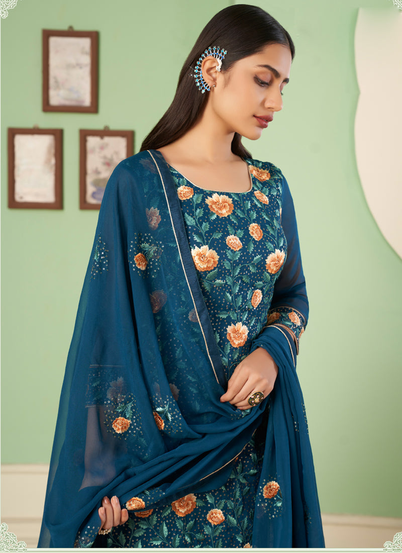 Vegaa Fashion Aqua Blue Georgette Embroidery Designer Sharara Suit  Grab2Buy Vegaa Fashion Grab2Buy