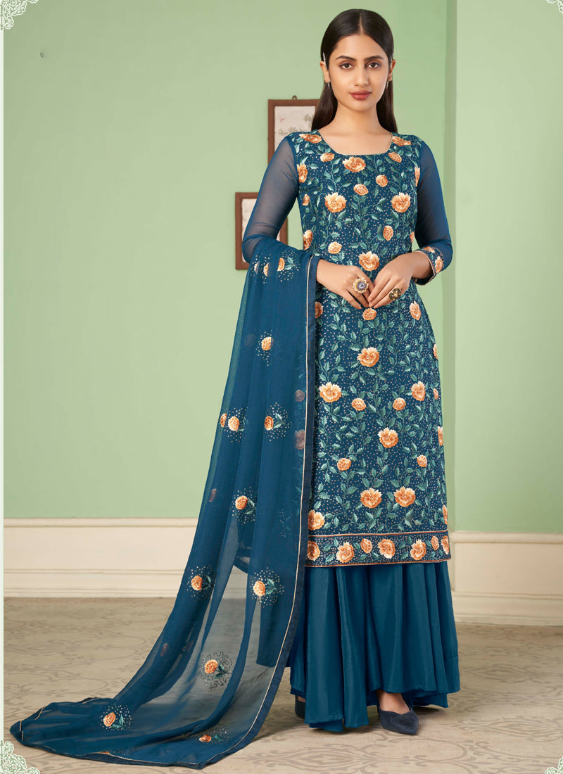 Vegaa Fashion Aqua Blue Georgette Embroidery Designer Sharara Suit  Grab2Buy Vegaa Fashion Grab2Buy