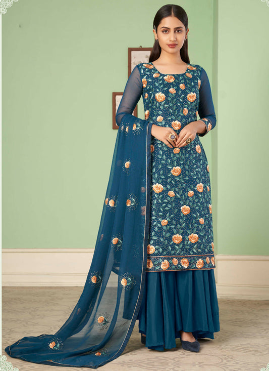 Vegaa Fashion Aqua Blue Georgette Embroidery Designer Sharara Suit  Grab2Buy Vegaa Fashion Grab2Buy
