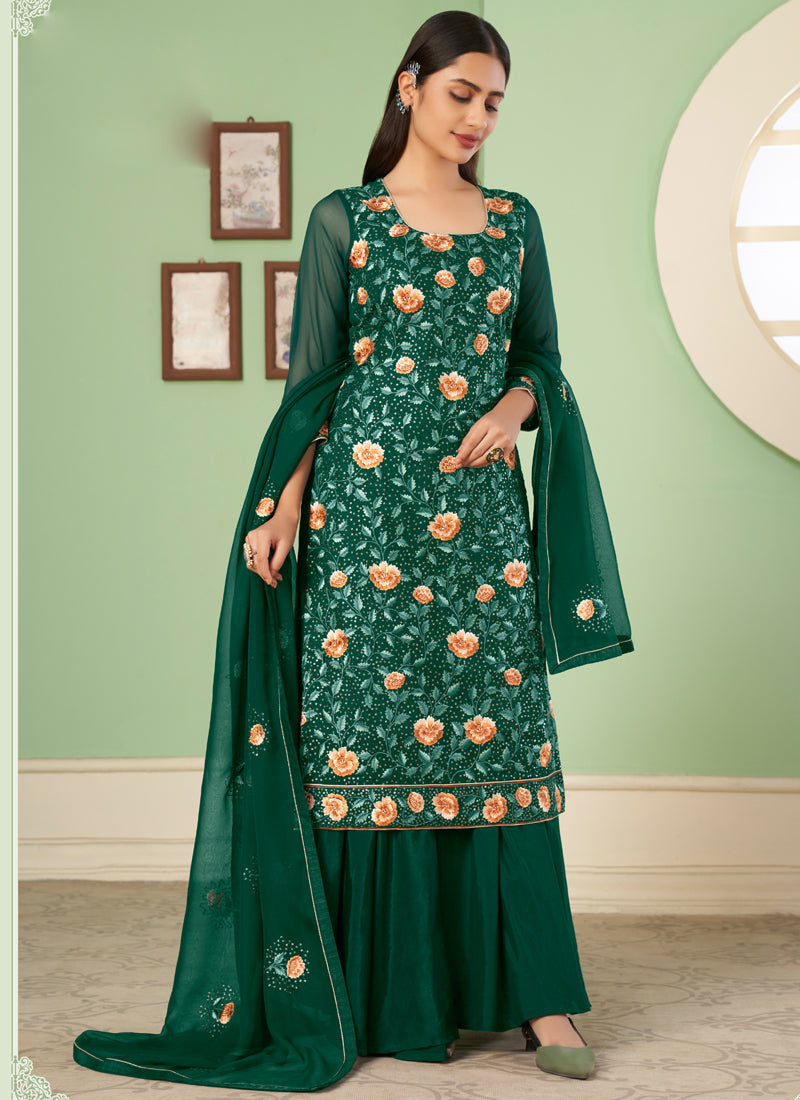 Vegaa Fashion Green Georgette Embroidery Designer Sharara Suit  Grab2Buy Vegaa Fashion Grab2Buy