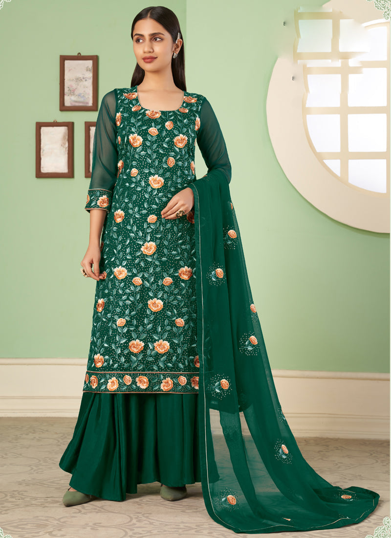 Vegaa Fashion Green Georgette Embroidery Designer Sharara Suit  Grab2Buy Vegaa Fashion Grab2Buy