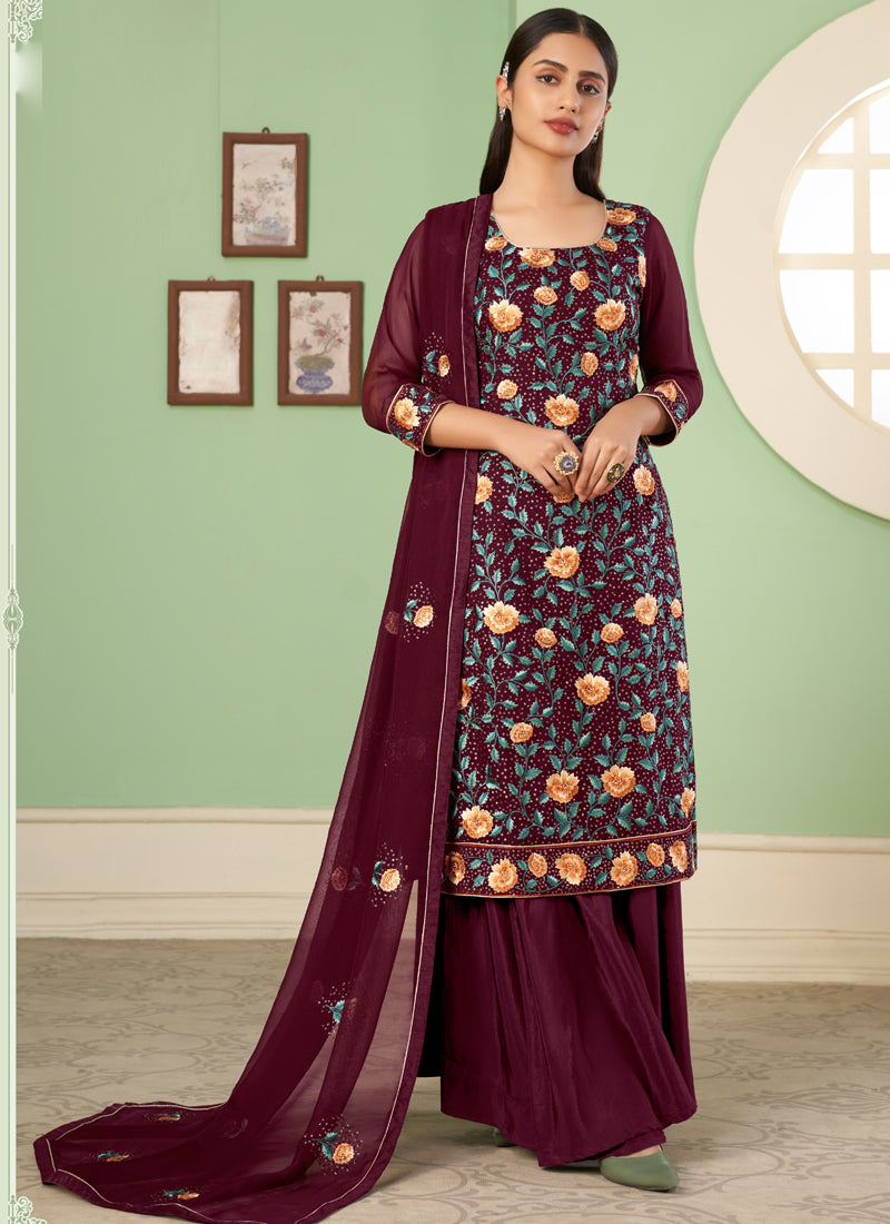 Vegaa Fashion Maroon Georgette Embroidery Designer Sharara Suit  Grab2Buy Vegaa Fashion Grab2Buy