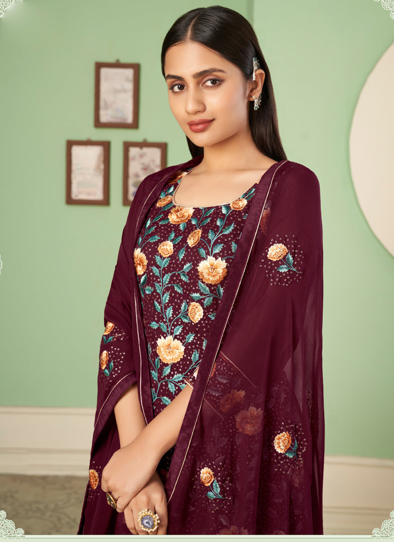 Vegaa Fashion Maroon Georgette Embroidery Designer Sharara Suit  Grab2Buy Vegaa Fashion Grab2Buy