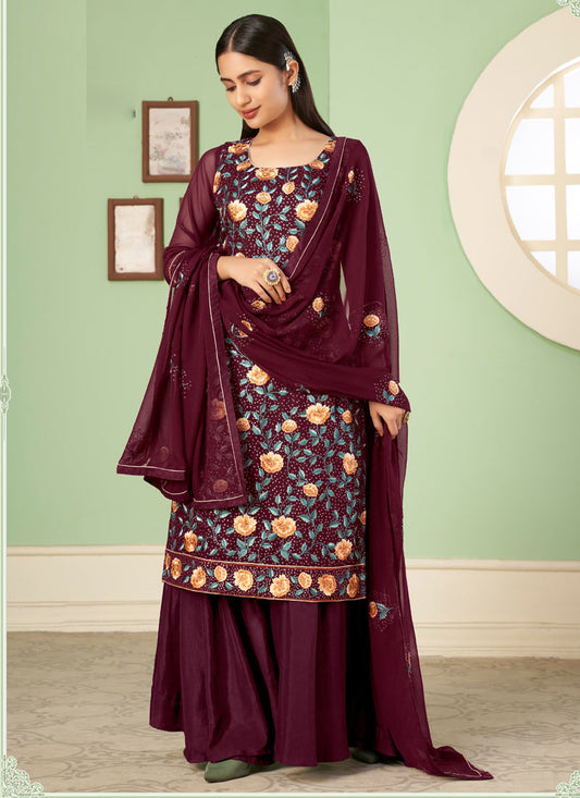 Vegaa Fashion Maroon Georgette Embroidery Designer Sharara Suit  Grab2Buy Vegaa Fashion Grab2Buy