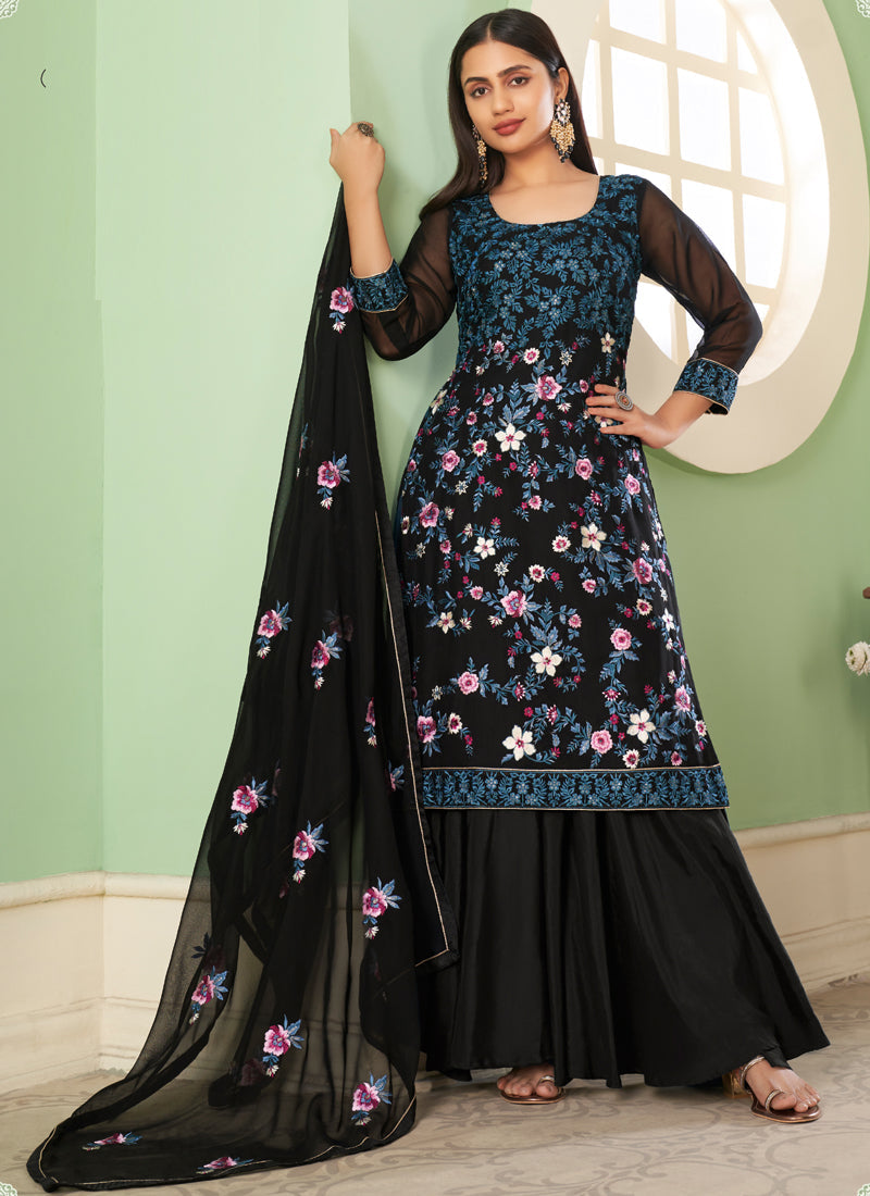 Vegaa Fashion Black Georgette Embroidery Designer Sharara Suit  Grab2Buy Vegaa Fashion Grab2Buy
