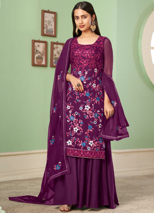 Vegaa Fashion Violet Georgette Embroidery Designer Sharara Suit  Grab2Buy Vegaa Fashion Grab2Buy