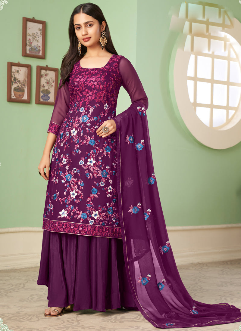 Vegaa Fashion Violet Georgette Embroidery Designer Sharara Suit  Grab2Buy Vegaa Fashion Grab2Buy