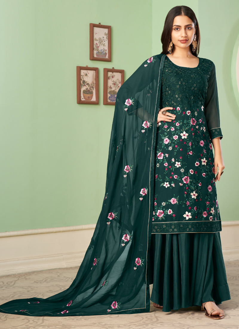 Vegaa Fashion Dark Green Georgette Embroidery Designer Sharara Suit  Grab2Buy Vegaa Fashion Grab2Buy