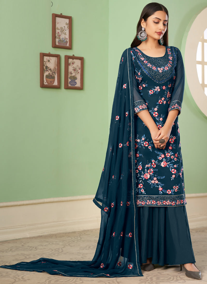 Vegaa Fashion Blue Georgette Embroidery Designer Sharara Suit  Grab2Buy Vegaa Fashion Grab2Buy