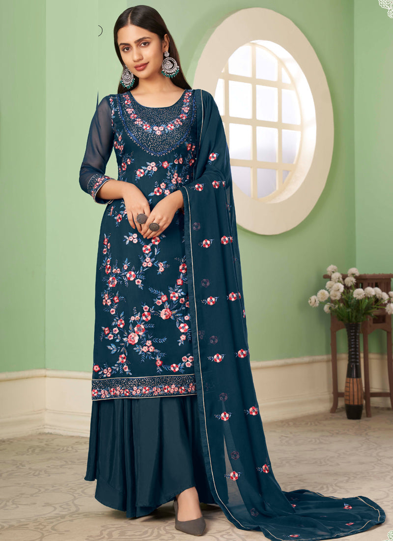 Vegaa Fashion Blue Georgette Embroidery Designer Sharara Suit  Grab2Buy Vegaa Fashion Grab2Buy