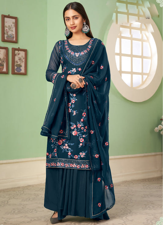 Vegaa Fashion Blue Georgette Embroidery Designer Sharara Suit  Grab2Buy Vegaa Fashion Grab2Buy