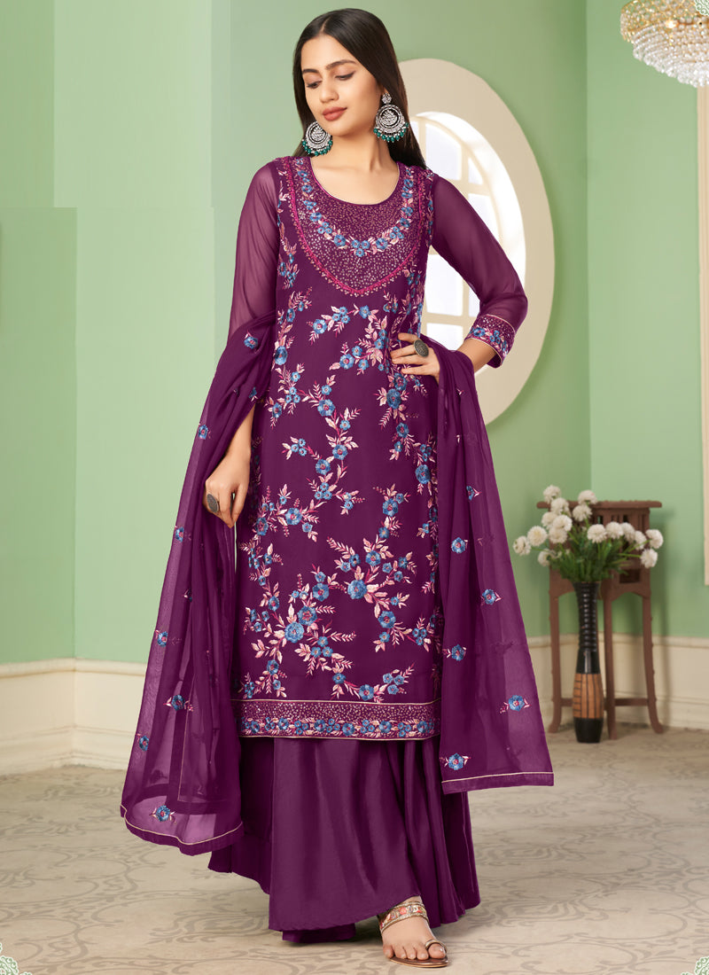 Vegaa Fashion Violet Georgette Embroidery Designer Sharara Suit  Grab2Buy Vegaa Fashion Grab2Buy