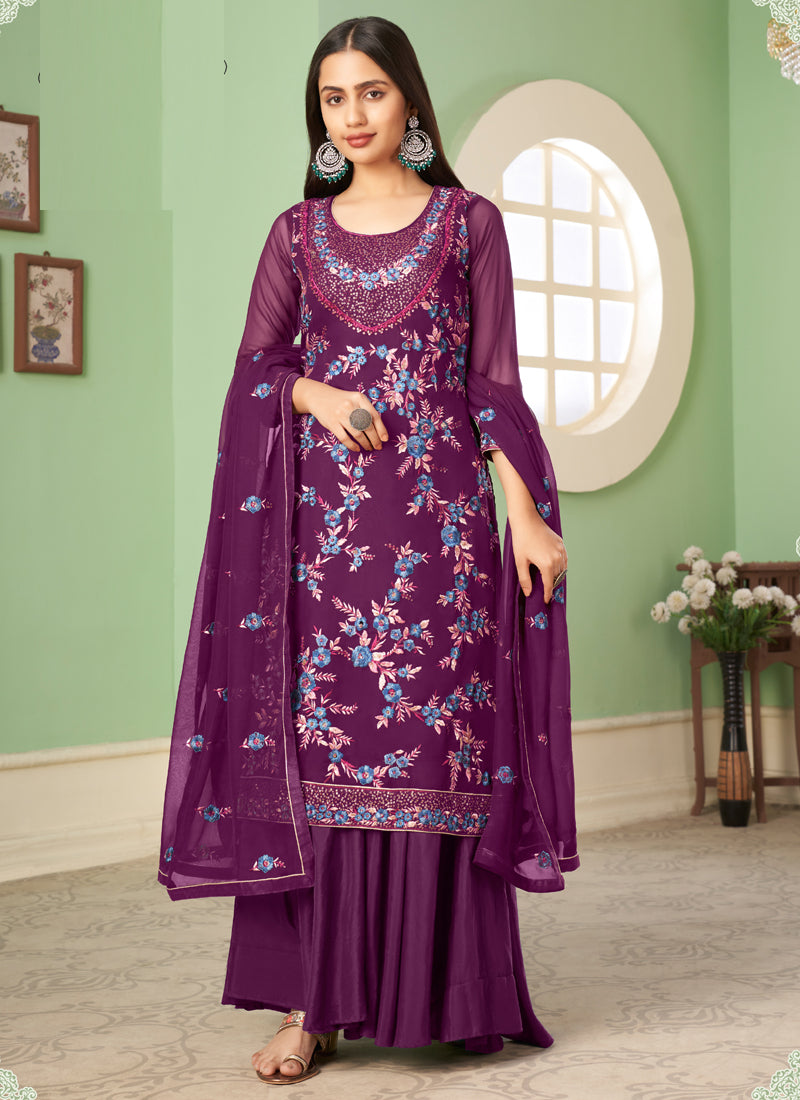 Vegaa Fashion Violet Georgette Embroidery Designer Sharara Suit  Grab2Buy Vegaa Fashion Grab2Buy