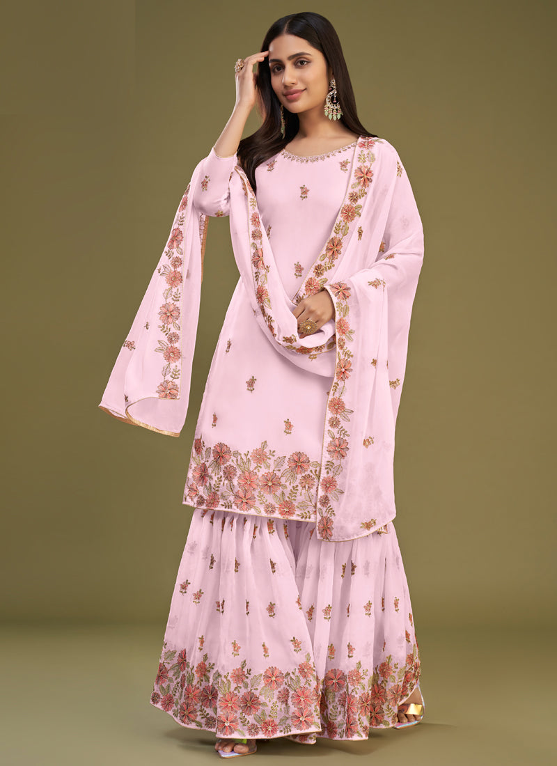 Vegaa Fashion Pink Georgette Embroidery Designer Sharara Suit  Grab2Buy Vegaa Fashion Grab2Buy