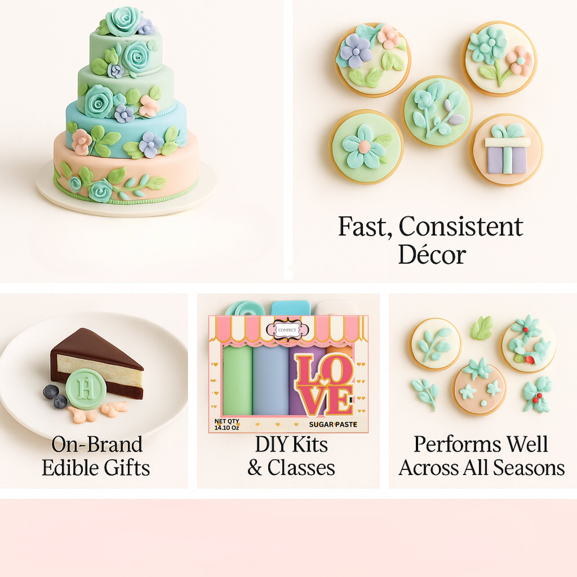 Confect Multipack of Mint green, Baby Blue, Lavender and Peach Sugarpaste 09