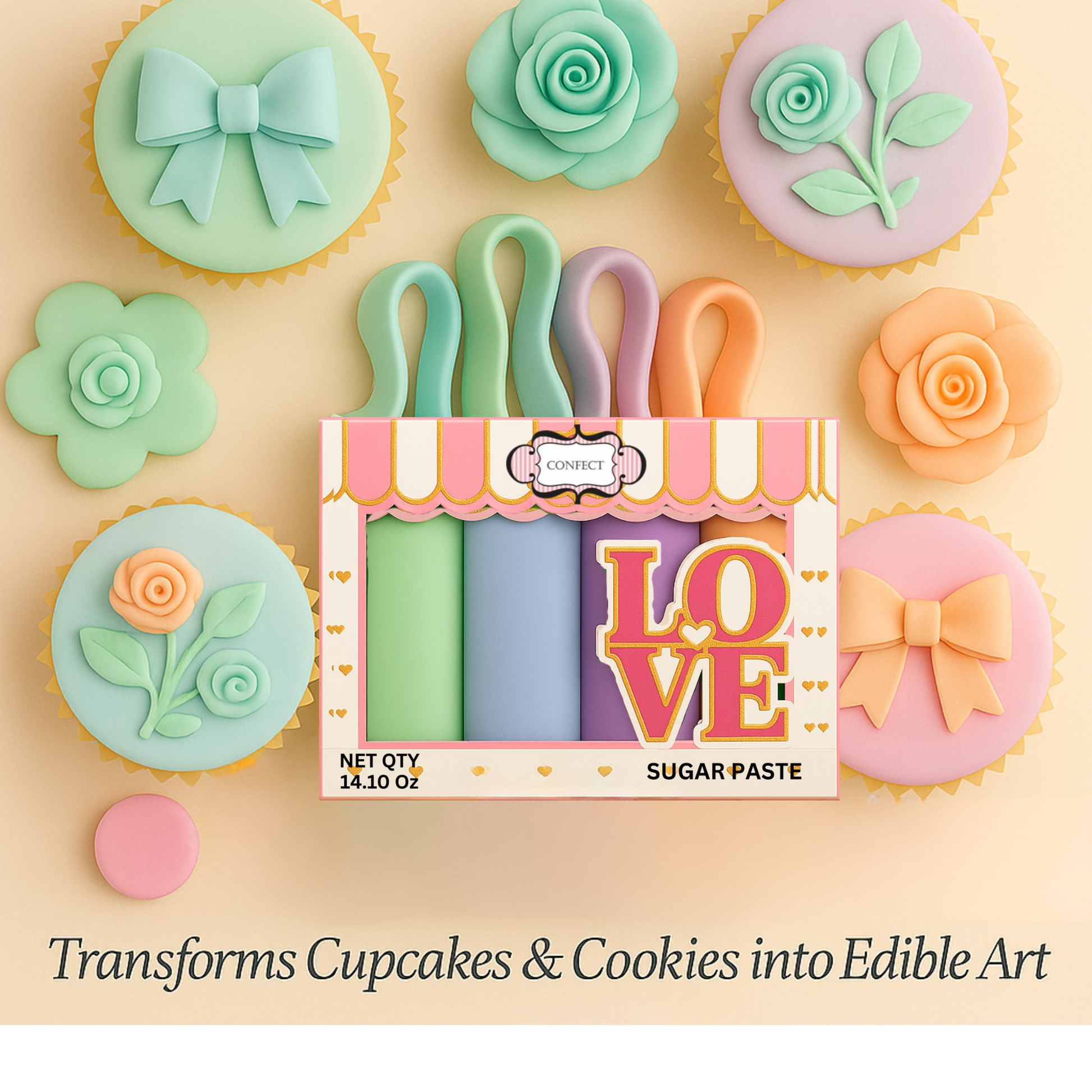 Confect Multipack of Mint green, Baby Blue, Lavender and Peach Sugarpaste 09