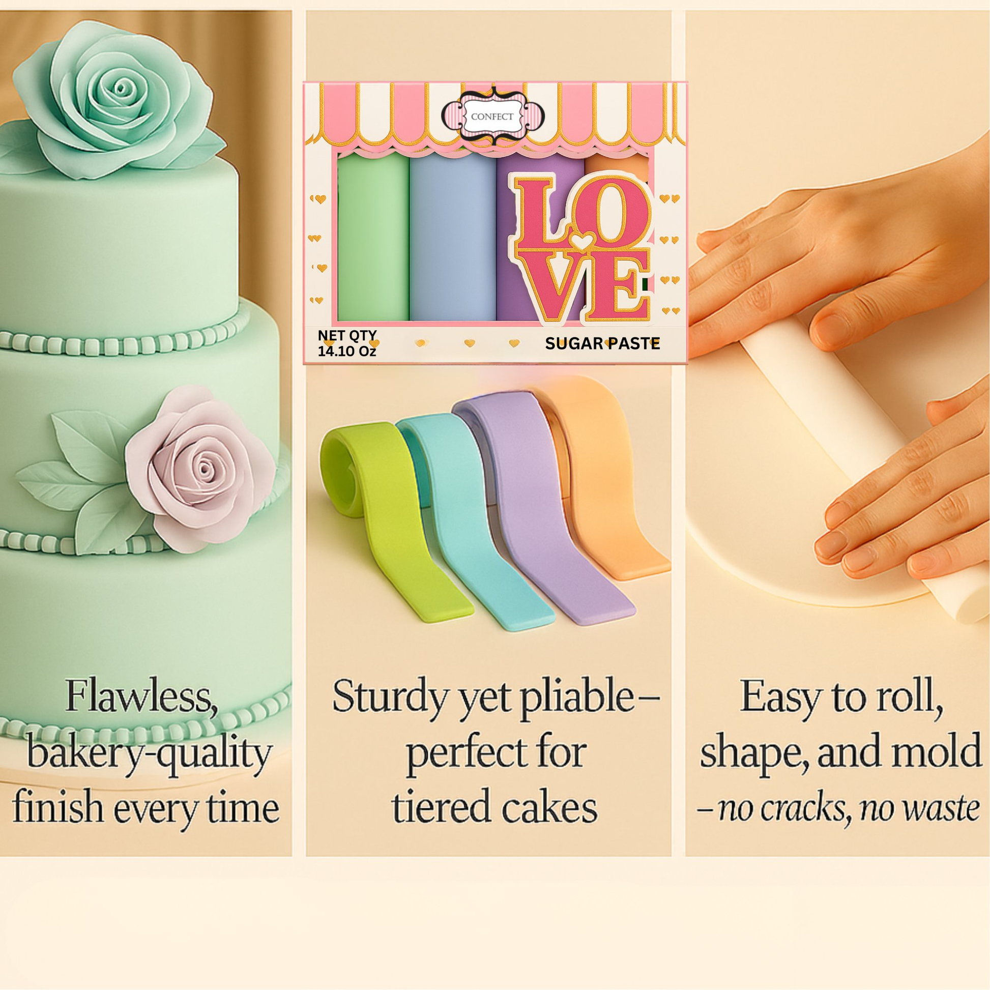 Confect Multipack of Mint green, Baby Blue, Lavender and Peach Sugarpaste 09
