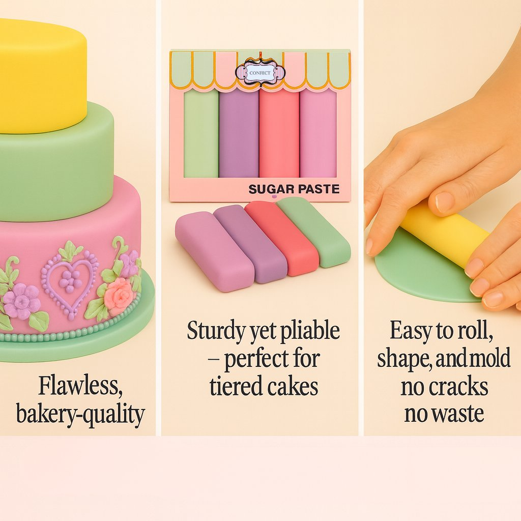 Confect Multipack of Lemon Yellow, Lavender, Blush pink and Mint Green Sugarpaste 01