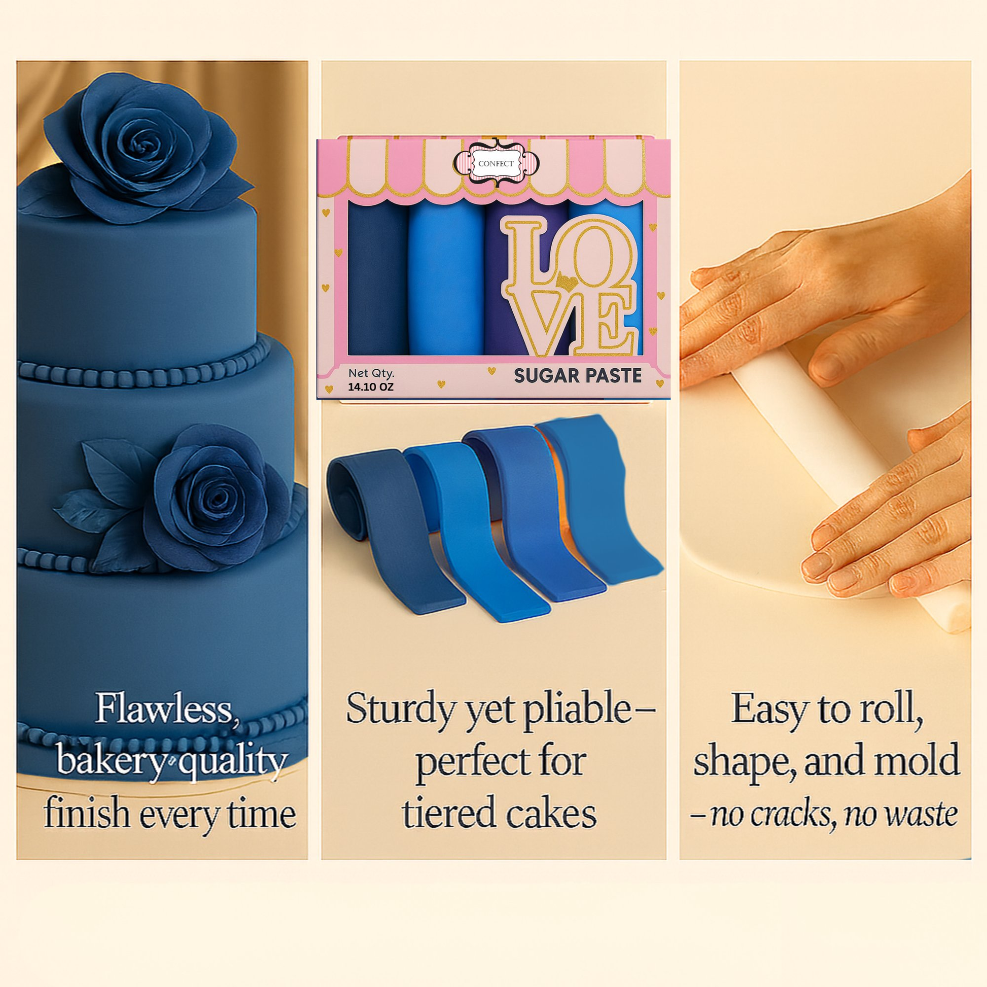 Confect Multipack of Navy Blue, Royal Blue, Electric Purple and Sky Blue Sugarpaste 10