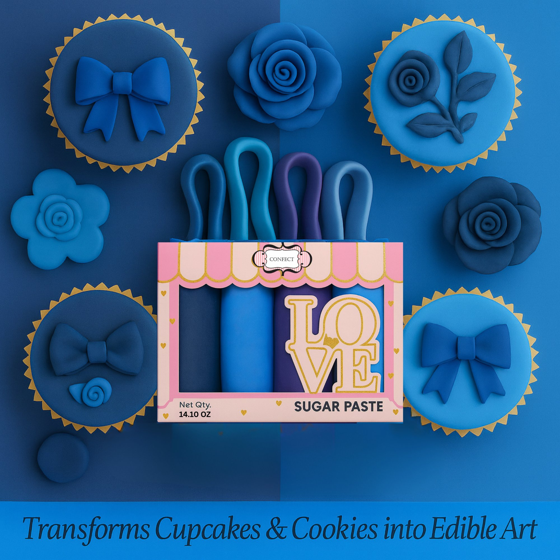 Confect Multipack of Navy Blue, Royal Blue, Electric Purple and Sky Blue Sugarpaste 10