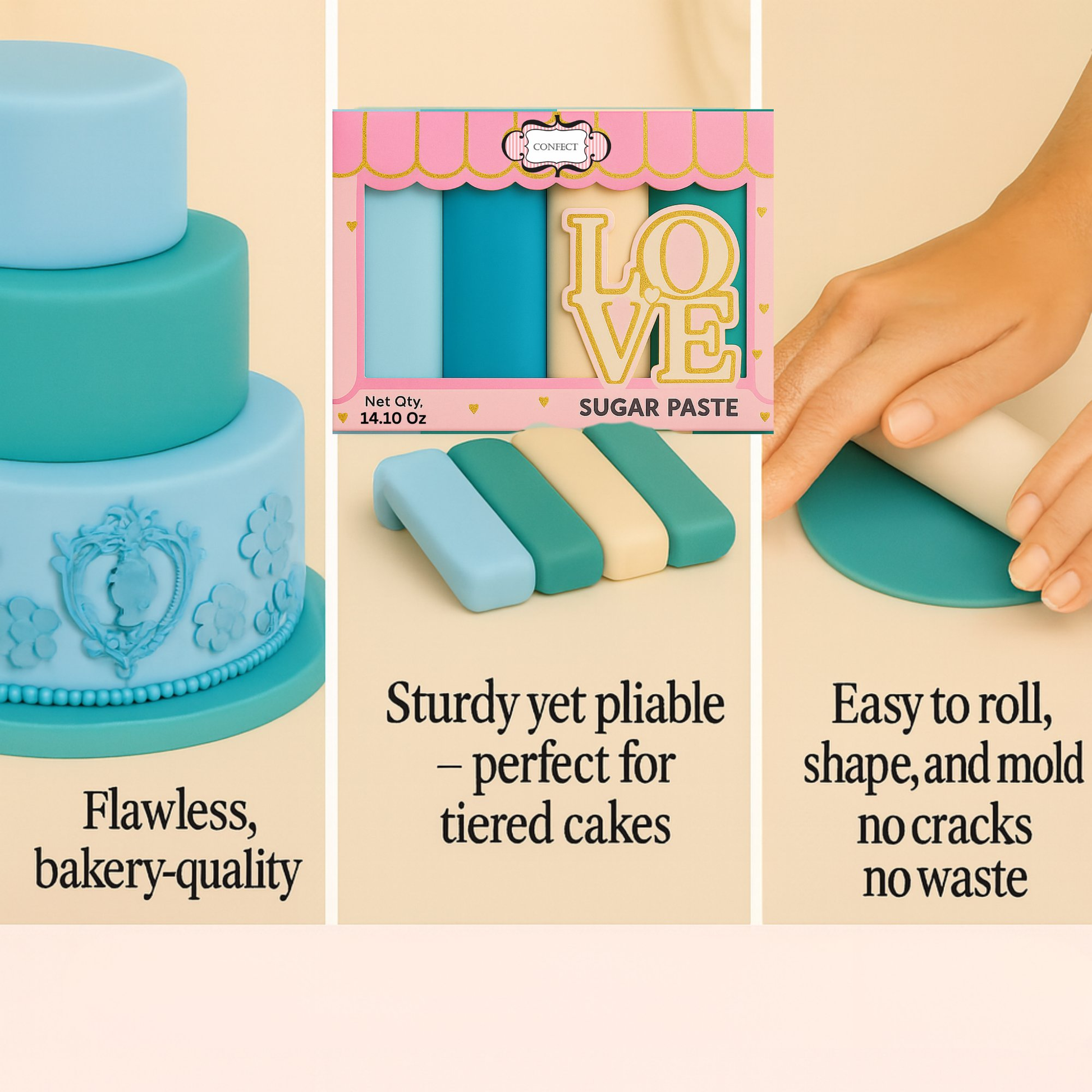 Confect Multipack of Baby Blue, Electric Blue, Ivory and Teal Sugarpaste 11