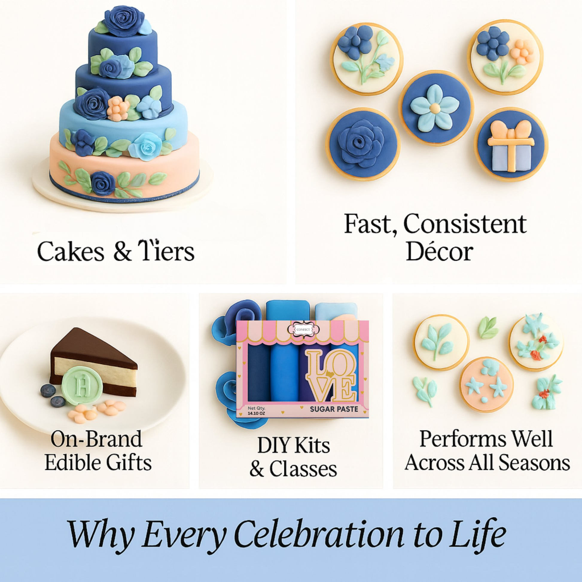 Confect Multipack of Navy Blue, Royal Blue, Electric Purple and Sky Blue Sugarpaste 10