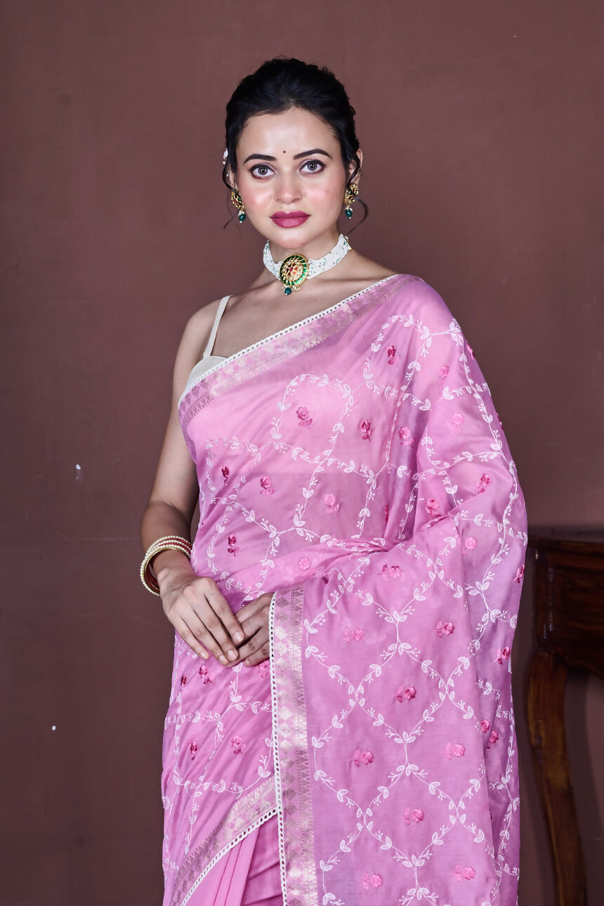 Morchari Pink Cotton Chanderi Embroidery Saree Unstitched Blouse