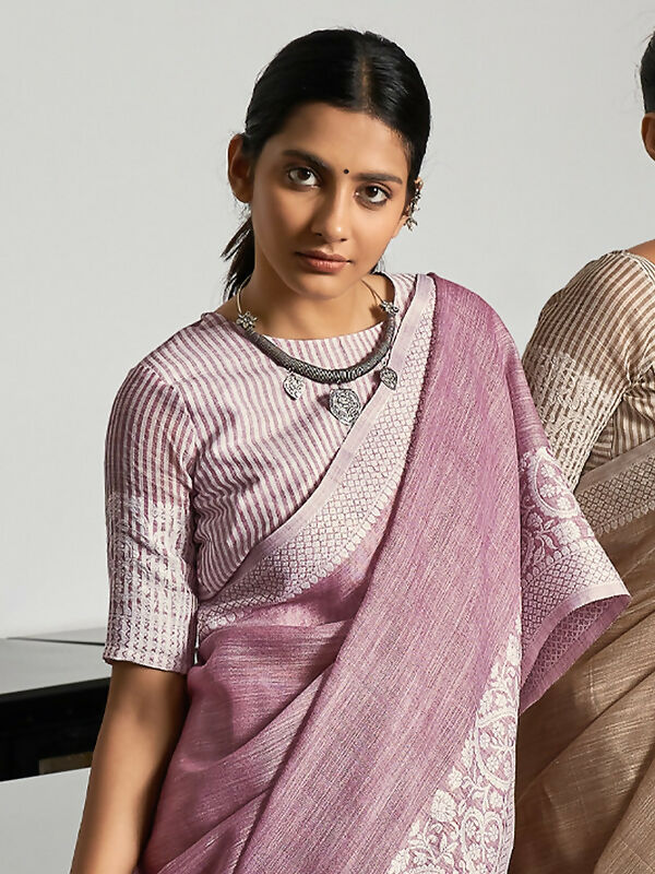 Shree Shyam Fashion Elegant Mauve Woven Linen Saree with Contrast Zari Border & Tassels - Soft & Breathable Party Wear