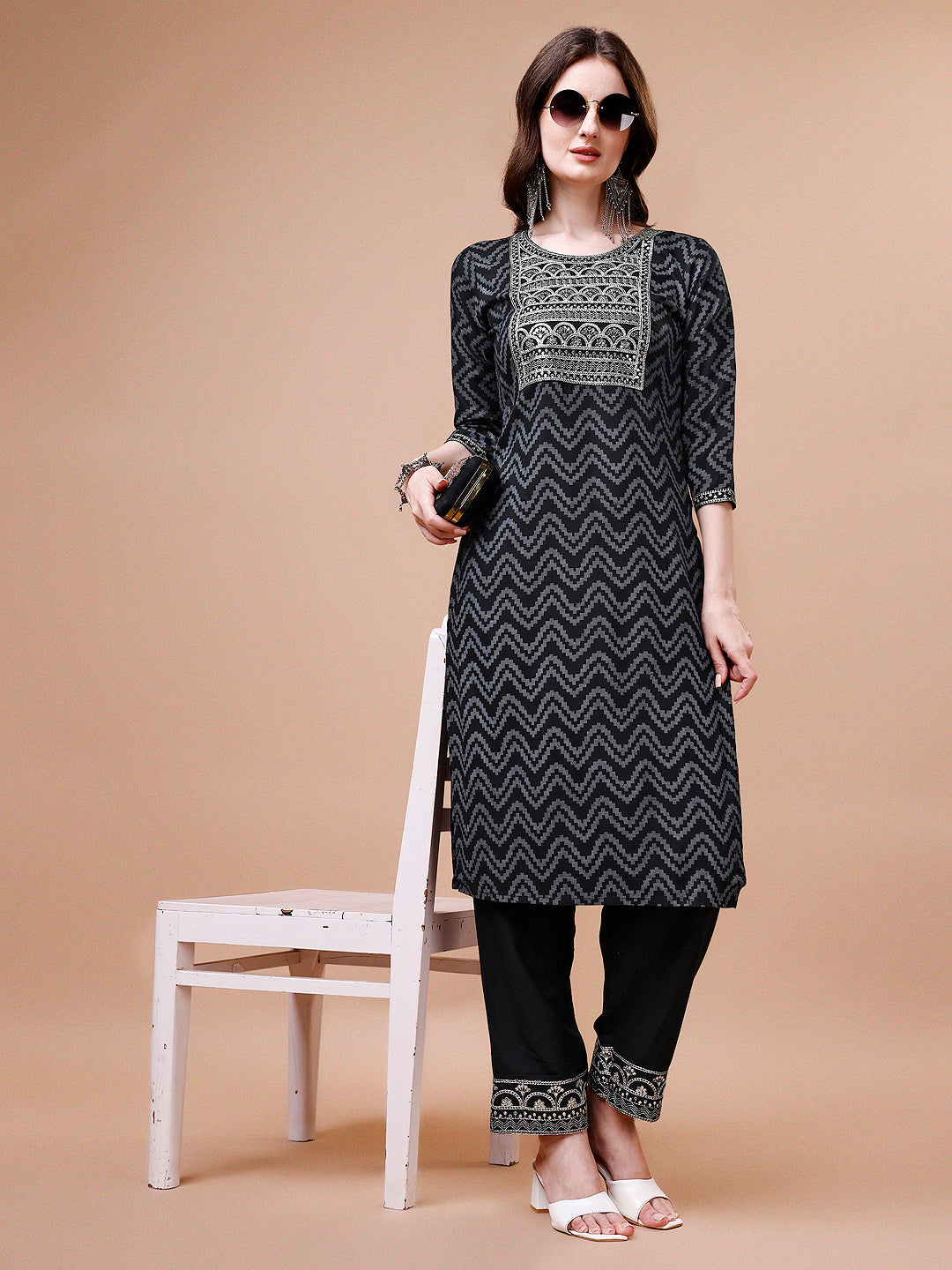 Embroidered Chevron Printed Cotton Kurta With Pant, Multicolor - Hiral Fashion