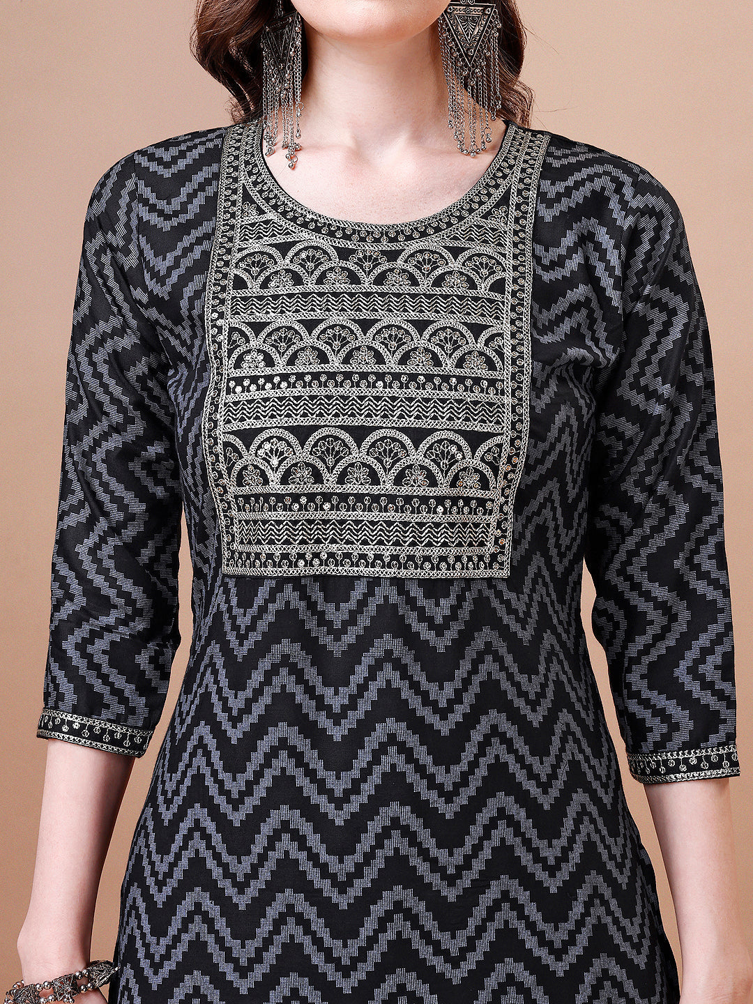 Embroidered Chevron Printed Cotton Kurta With Pant, Multicolor - Hiral Fashion