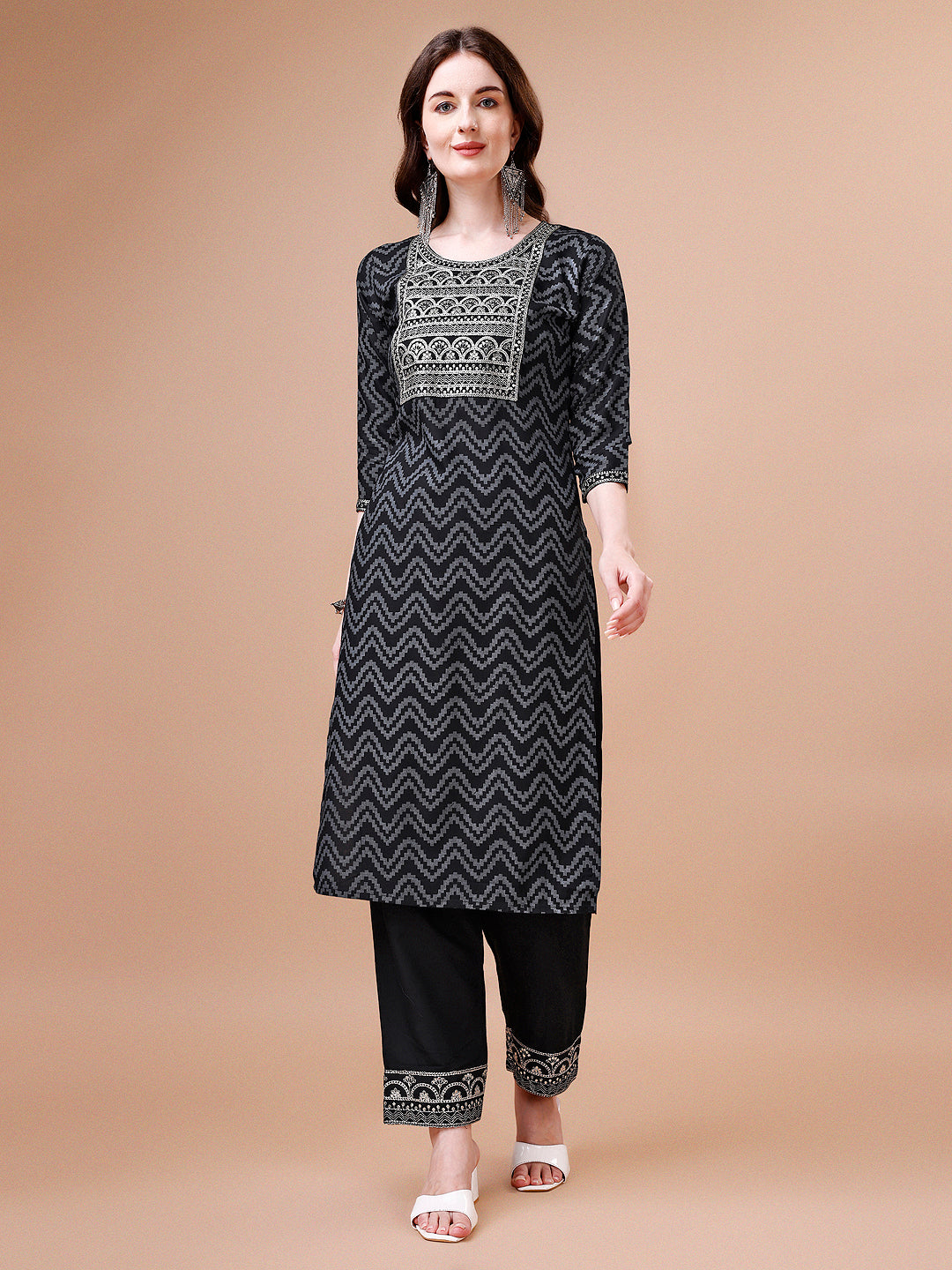 Embroidered Chevron Printed Cotton Kurta With Pant, Multicolor - Hiral Fashion