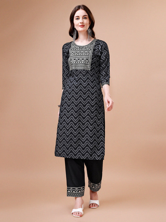 Embroidered Chevron Printed Cotton Kurta With Pant, Multicolor - Hiral Fashion