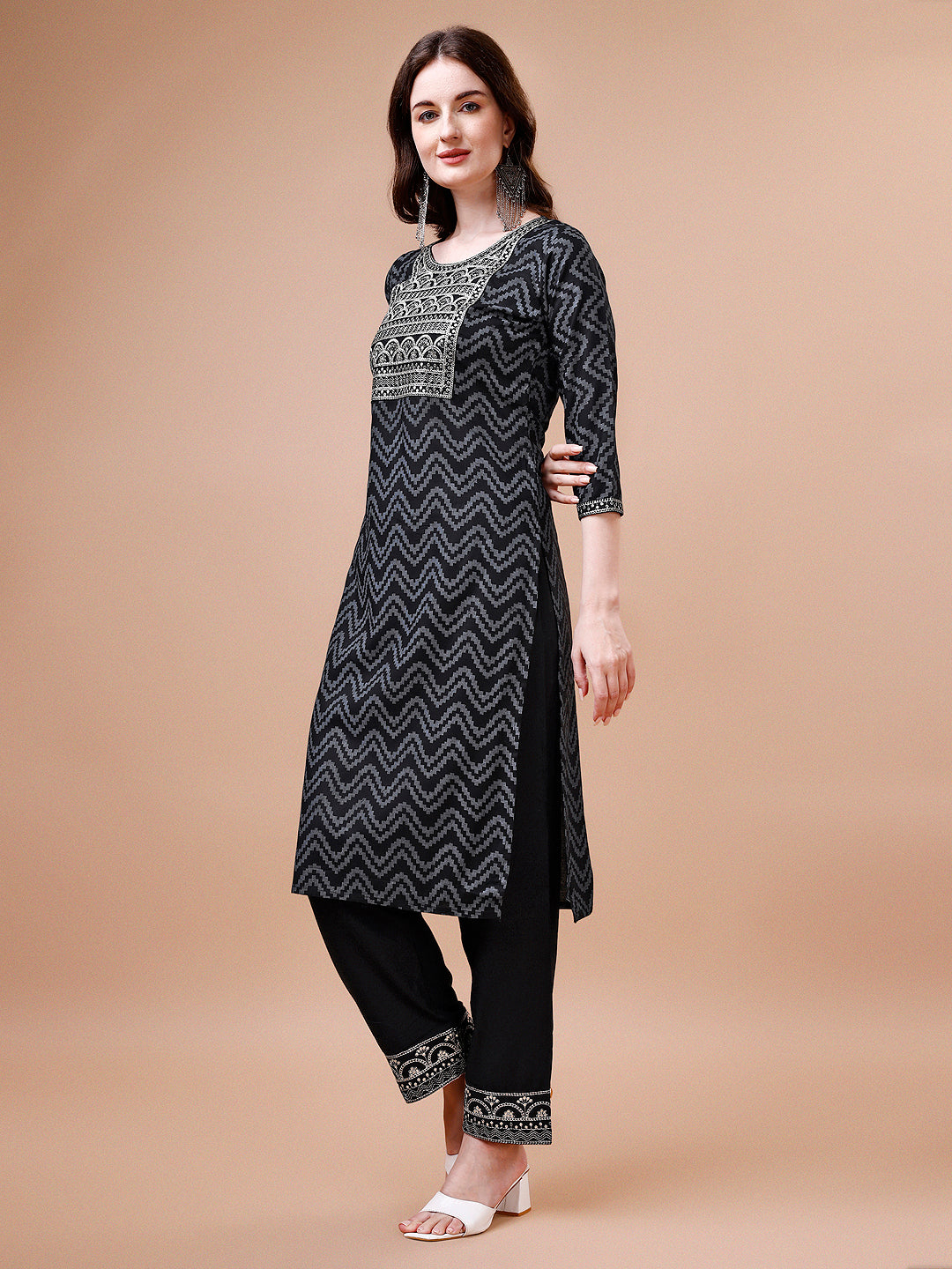 Embroidered Chevron Printed Cotton Kurta With Pant, Multicolor - Hiral Fashion