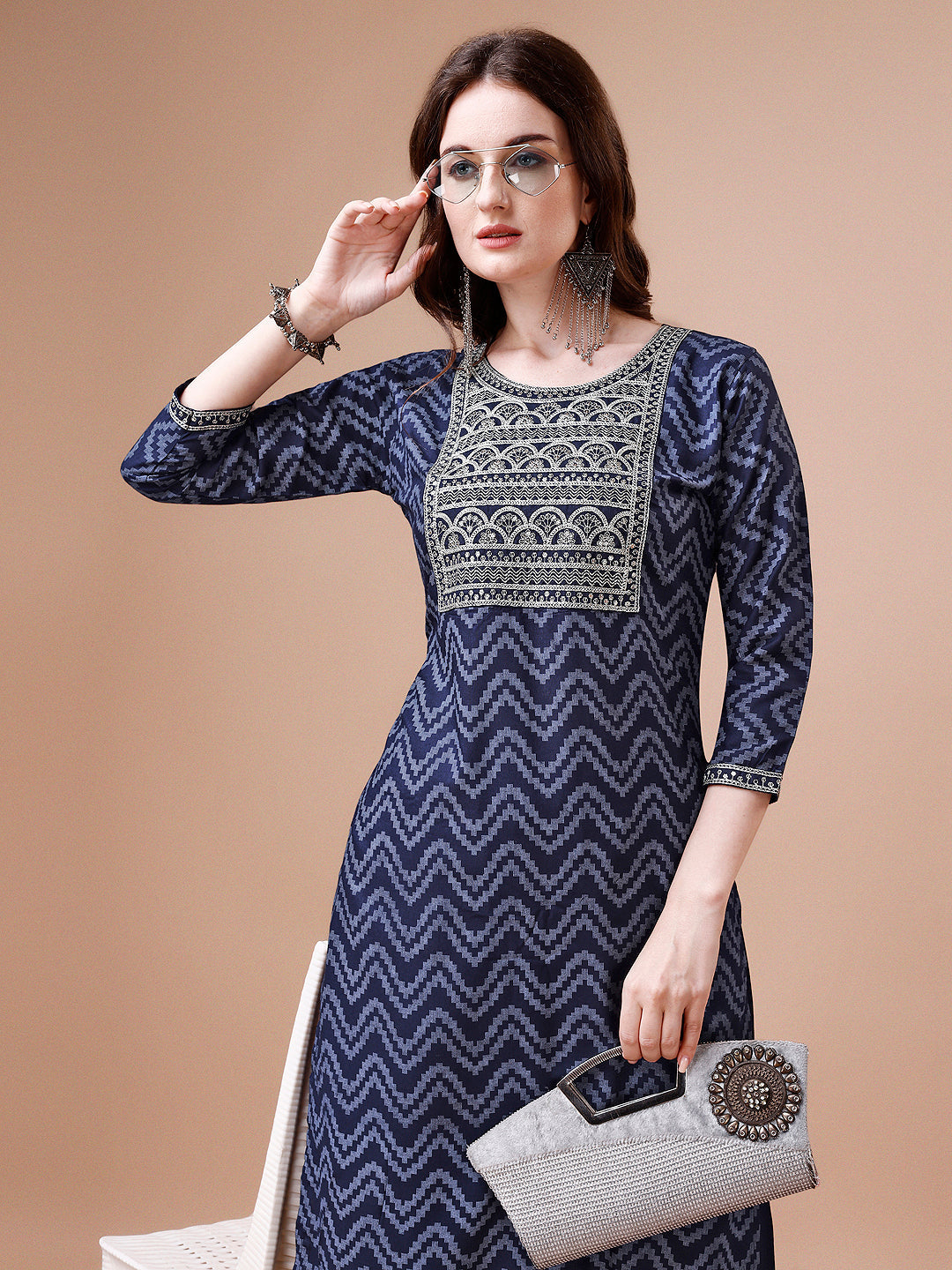 Embroidered Chevron Printed Cotton Kurta With Pant, Multicolor - Hiral Fashion