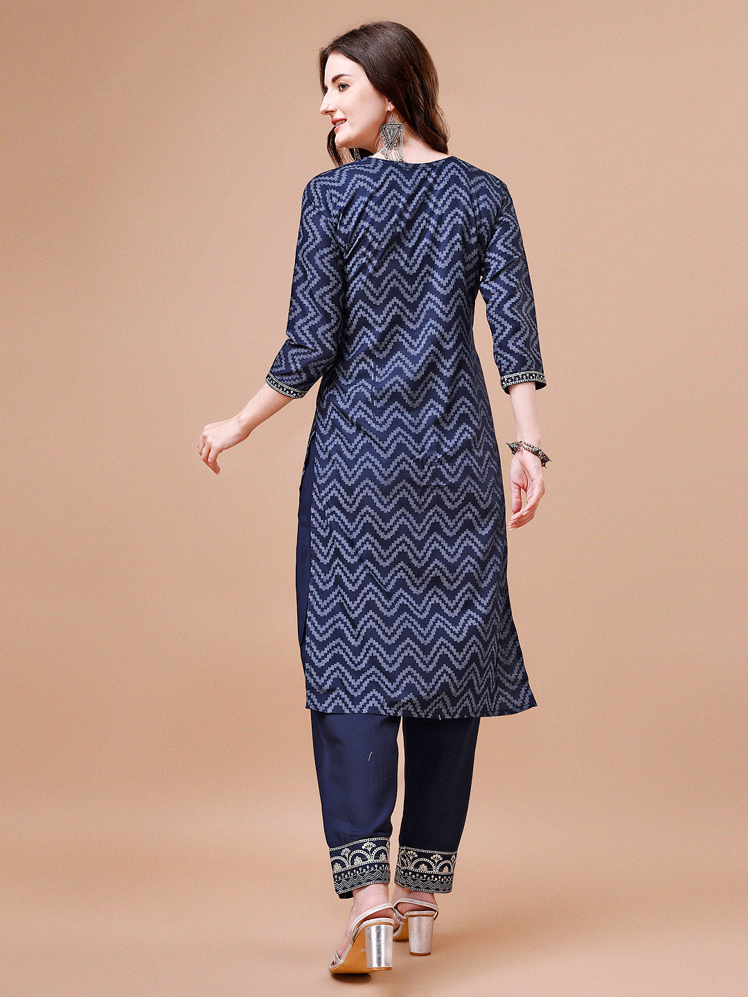 Embroidered Chevron Printed Cotton Kurta With Pant, Multicolor - Hiral Fashion