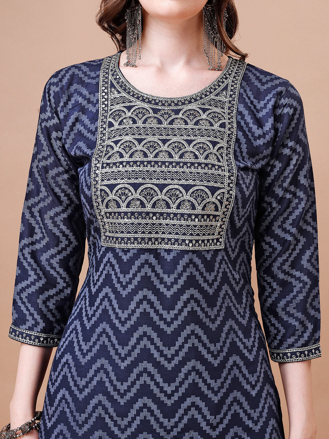 Embroidered Chevron Printed Cotton Kurta With Pant, Multicolor - Hiral Fashion
