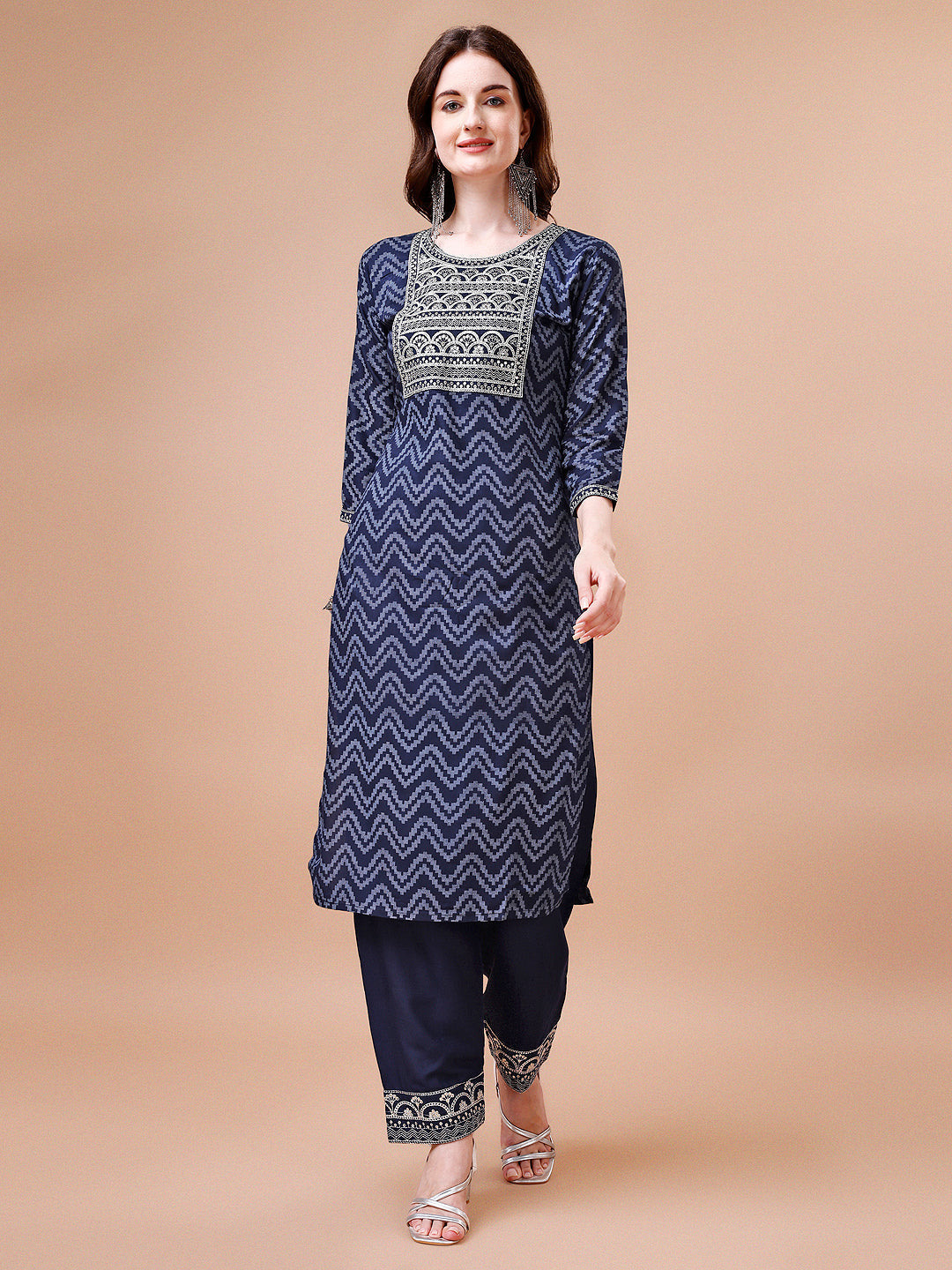 Embroidered Chevron Printed Cotton Kurta With Pant, Multicolor - Hiral Fashion