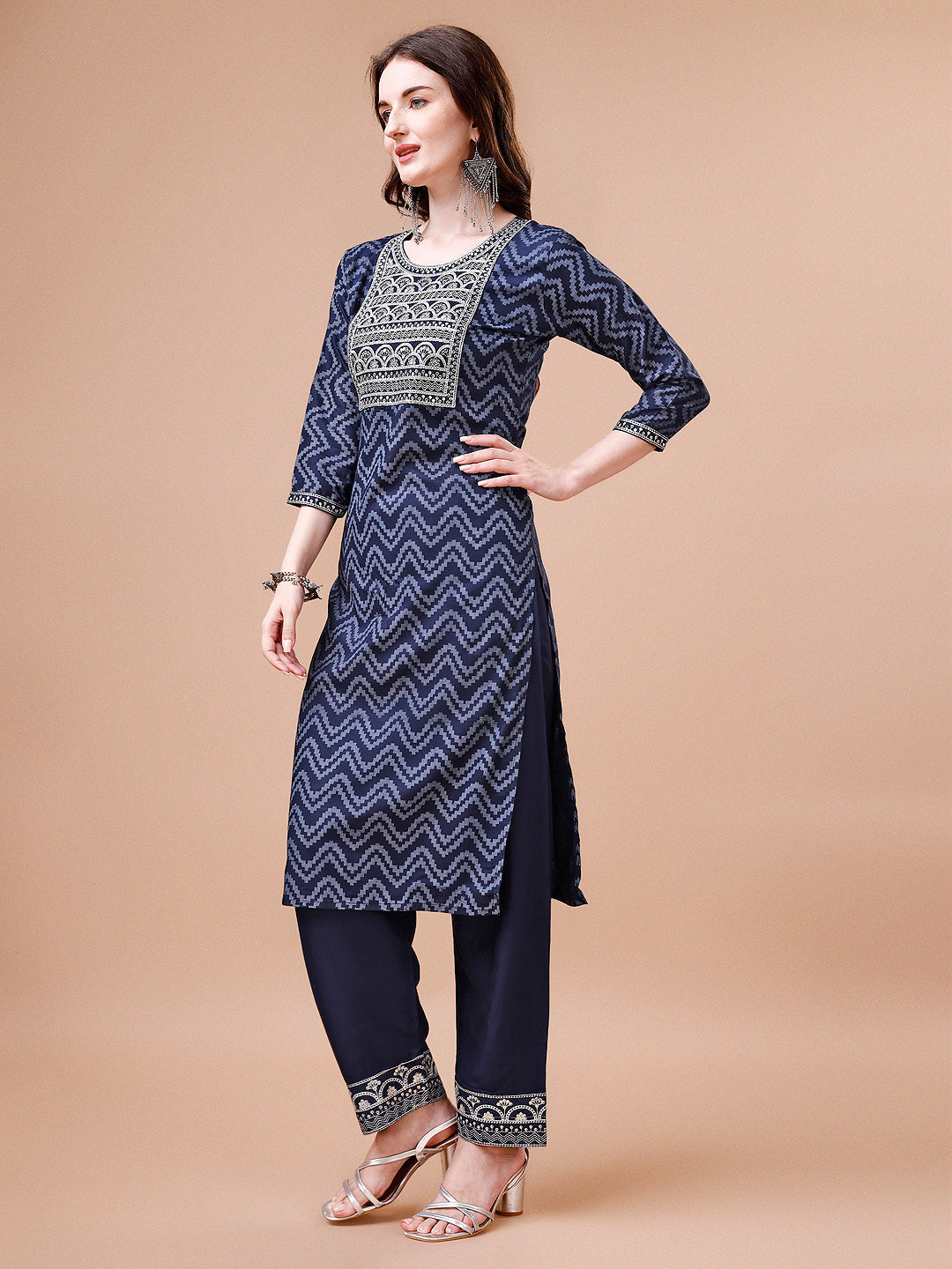 Embroidered Chevron Printed Cotton Kurta With Pant, Multicolor - Hiral Fashion