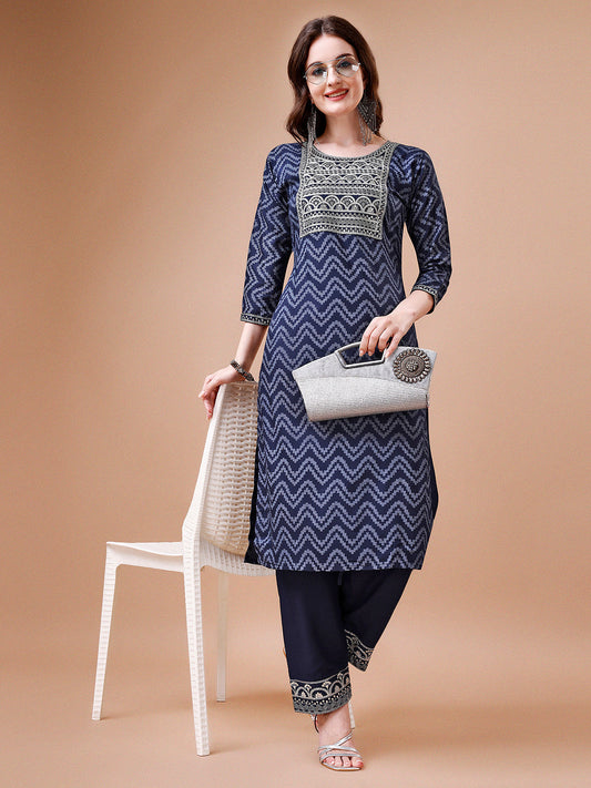 Embroidered Chevron Printed Cotton Kurta With Pant, Multicolor - Hiral Fashion